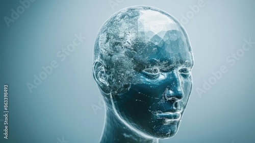 Transparent head intersecting with a globe, representing the integration of human intelligence and Earth photo