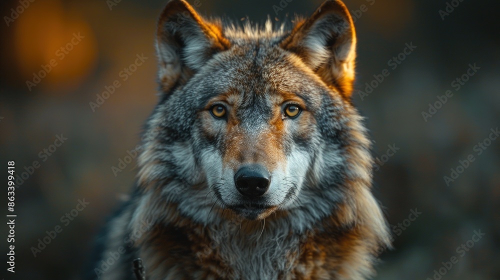 A wolf entrepreneur presenting a new wildlife protection initiative from a vibrant podium A wolf entrepreneur presenting a new wildlife protection initiative from a vibrant podium