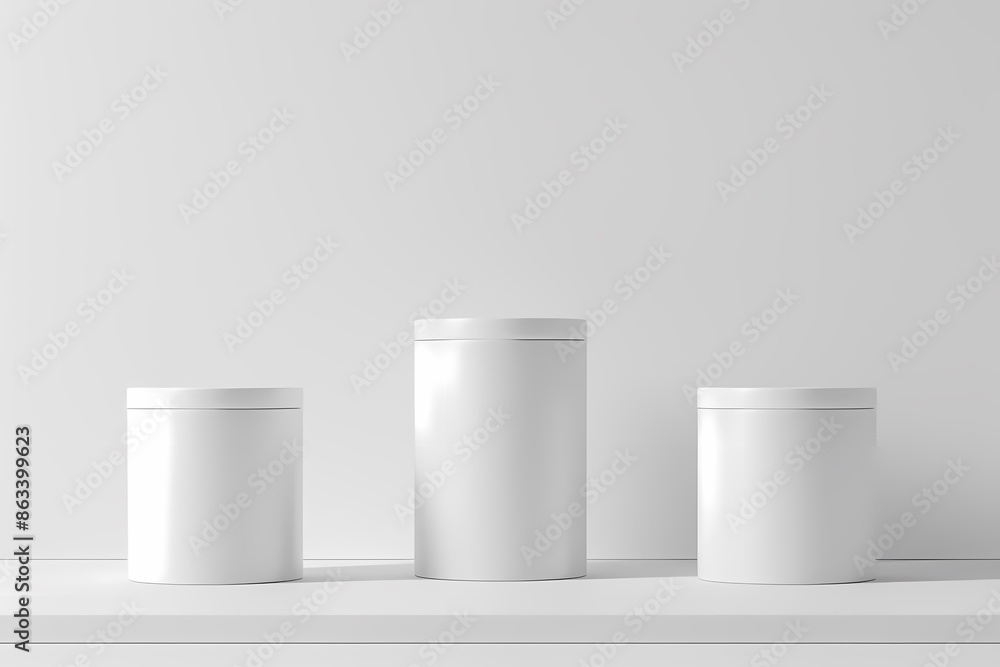 Three white cylindrical containers mockup on a white surface. Concept of product packaging, branding, and design. Three white cylindrical containers mockup on a white surface. Concept of product packaging, branding, and design.