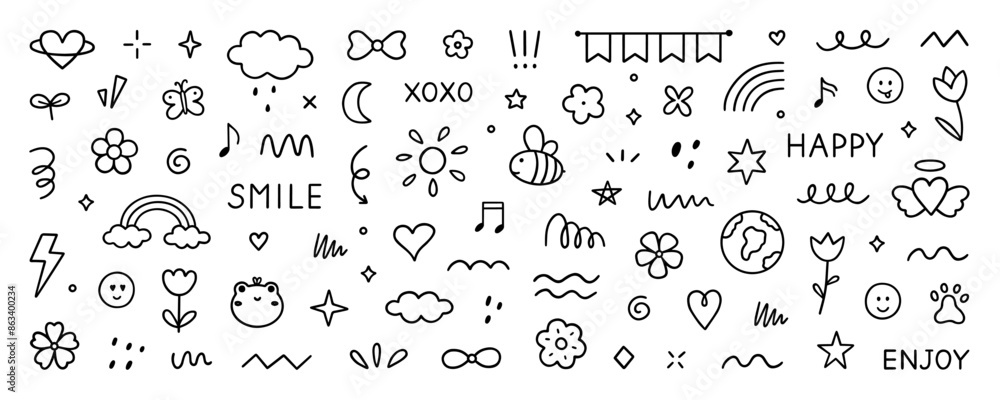 Cute kids elements, preschool kindergarten doodle icons set. Daycare, children drawings, flower, rainbow, cloud, sun, heart in sketch style. Hand drawn vector illustration isolated on white background Cute kids elements, preschool kindergarten doodle icons set. Daycare, children drawings, flower, rainbow, cloud, sun, heart in sketch style. Hand drawn vector illustration isolated on white background