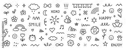 Cute kids elements, preschool kindergarten doodle icons set. Daycare, children drawings, flower, rainbow, cloud, sun, heart in sketch style. Hand drawn vector illustration isolated on white background