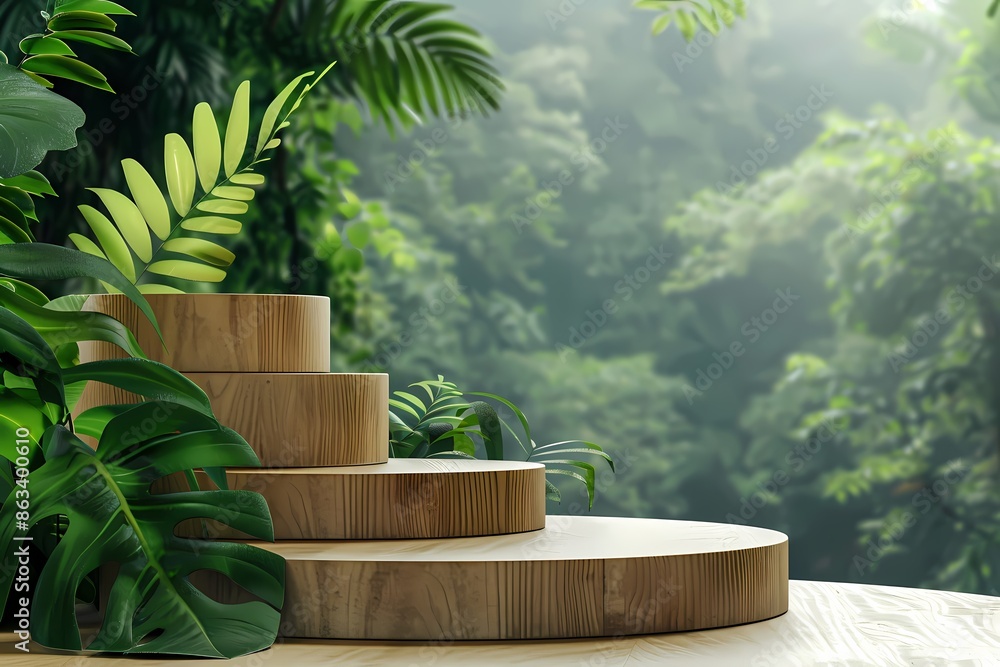 Wooden podium with green tropical plants in front of a blurred forest background. Mockup for product display, natural cosmetics, beauty, and spa. Wooden podium with green tropical plants in front of a blurred forest background. Mockup for product display, natural cosmetics, beauty, and spa.
