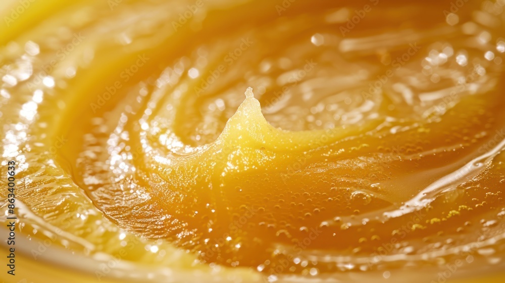 A spoonful of yellow liquid with a swirl in the middle. The swirl is the center of attention and the rest of the liquid is spread out around it A spoonful of yellow liquid with a swirl in the middle. The swirl is the center of attention and the rest of the liquid is spread out around it