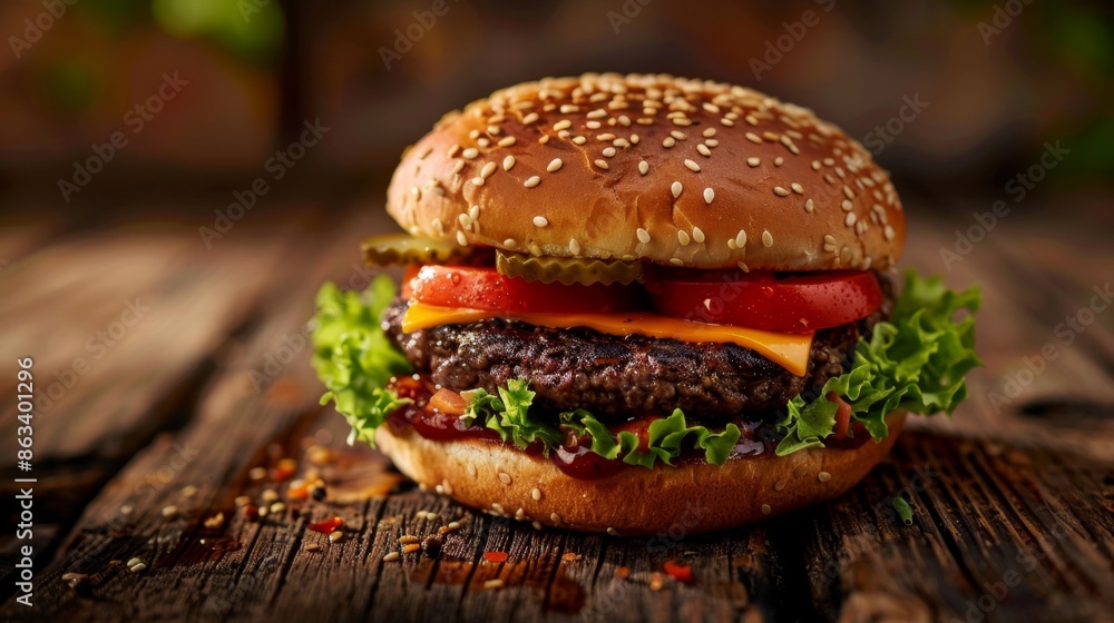 Delicious Cheeseburger on Wooden Table - Generative AI Delicious Cheeseburger on Wooden Table - Generative AI