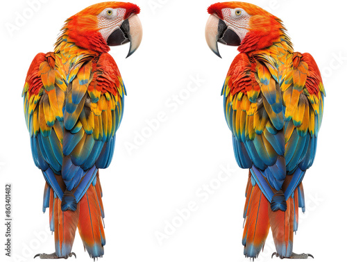 Two vibrant scarlet macaws stand facing each other, their plumage a dazzling display of red, yellow, and blue. © KanitChurem