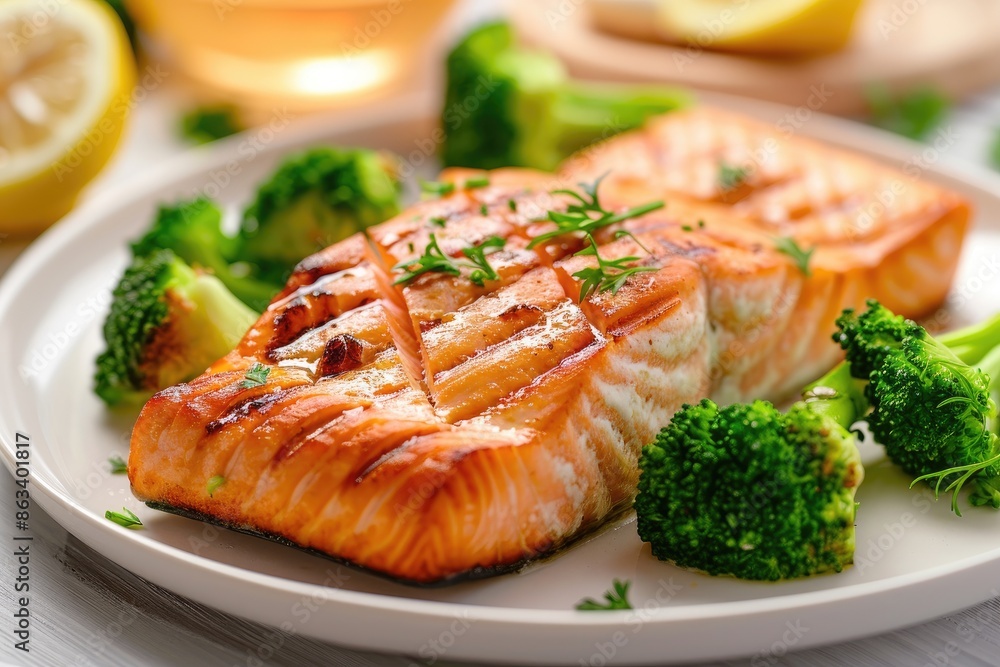 A plate of salmon and broccoli with a lemon wedge on the side. The salmon is grilled and the broccoli is fresh and green. The plate is set on a white table A plate of salmon and broccoli with a lemon wedge on the side. The salmon is grilled and the broccoli is fresh and green. The plate is set on a white table