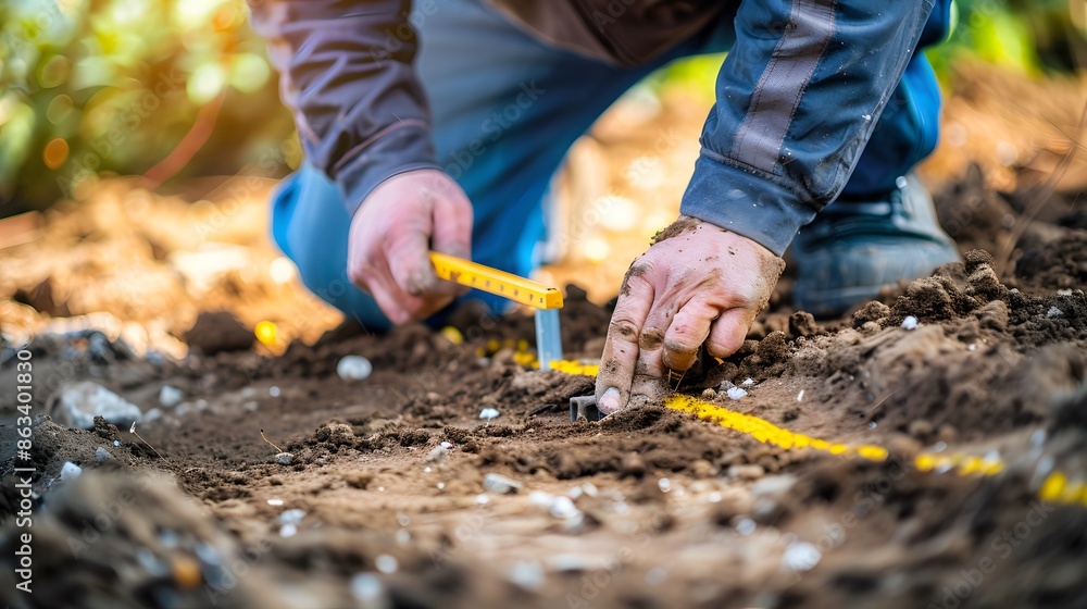 Fototapeta premium Engineer measuring and marking the ground for a new building foundation