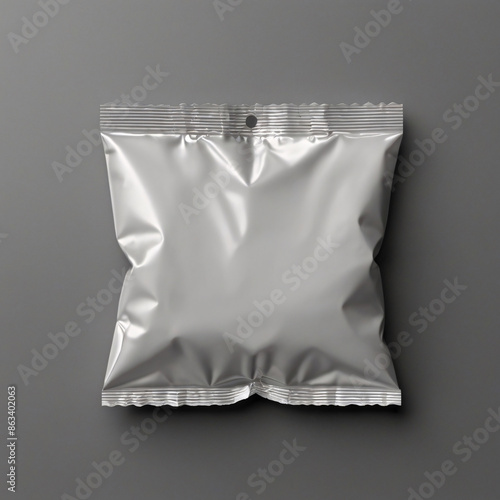 3d render of blank white foil bag packaging for chips or snacks mockup isolated on gray background,product, plastic, bag, blank, mockup, template, container, white, food, retail, glossy, pouch