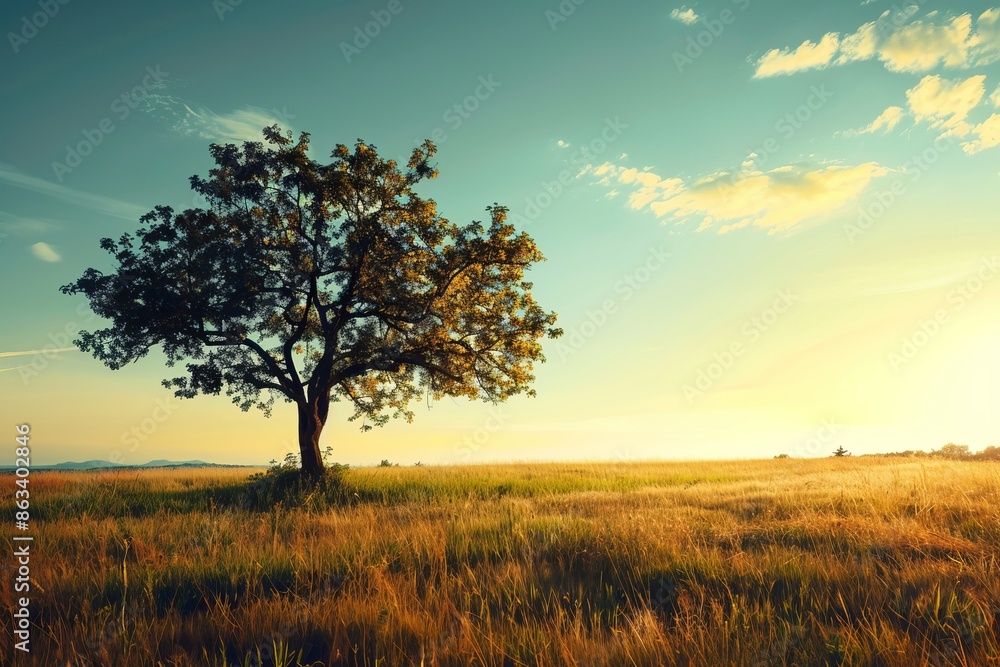 Lone tree in a sunlit meadow at sunset peaceful nature landscape serenity concept Lone tree in a sunlit meadow at sunset peaceful nature landscape serenity concept