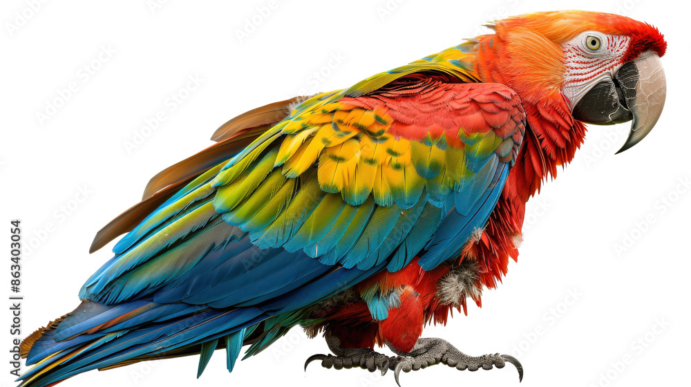 Fototapeta premium A vibrant scarlet macaw with blue and yellow feathers, perched with a curious expression. Isolated on a black background.