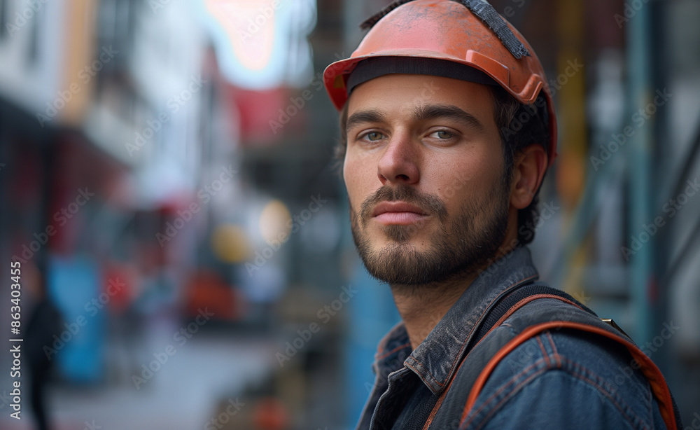 Professional builder looking optimistic into the far away, camera directed at the builder, strong context Professional builder looking optimistic into the far away, camera directed at the builder, strong context