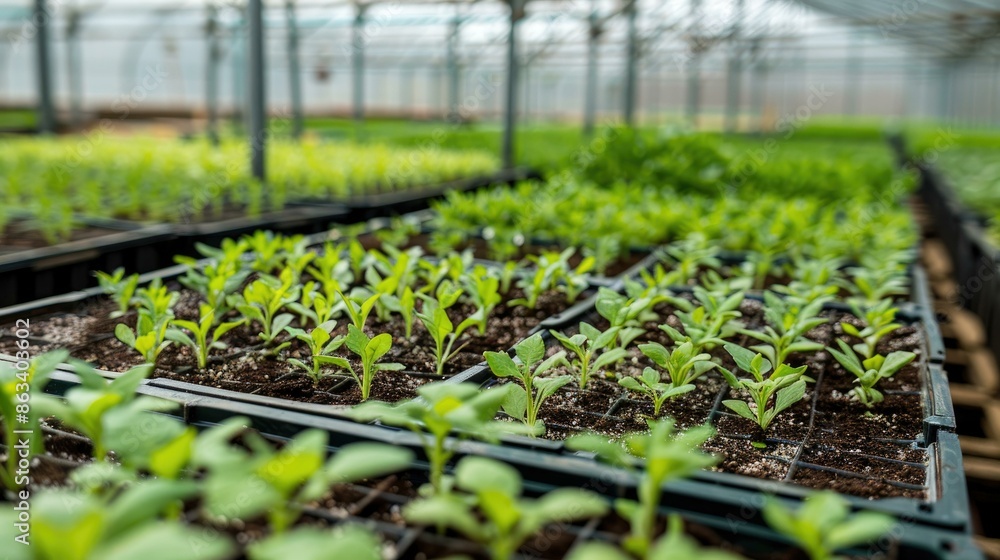 Rows of young green plants growing in soil-filled trays inside a glass greenhouse. Rows of young green plants growing in soil-filled trays inside a glass greenhouse.