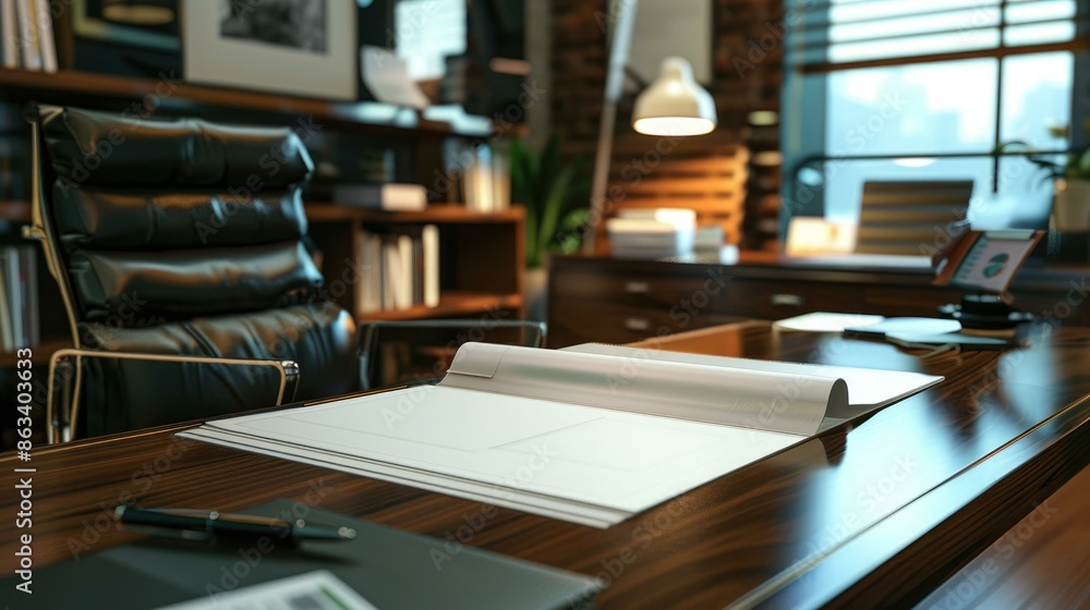 An image of a modern office desk with blank papers, a laptop, and office supplies on a wooden table in a well-lit room with large windows. An image of a modern office desk with blank papers, a laptop, and office supplies on a wooden table in a well-lit room with large windows.