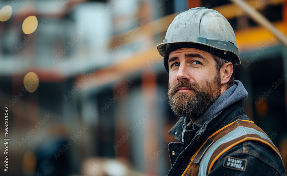 Professional builder looking optimistic into the far away, camera directed at the builder, strong context Professional builder looking optimistic into the far away, camera directed at the builder, strong context