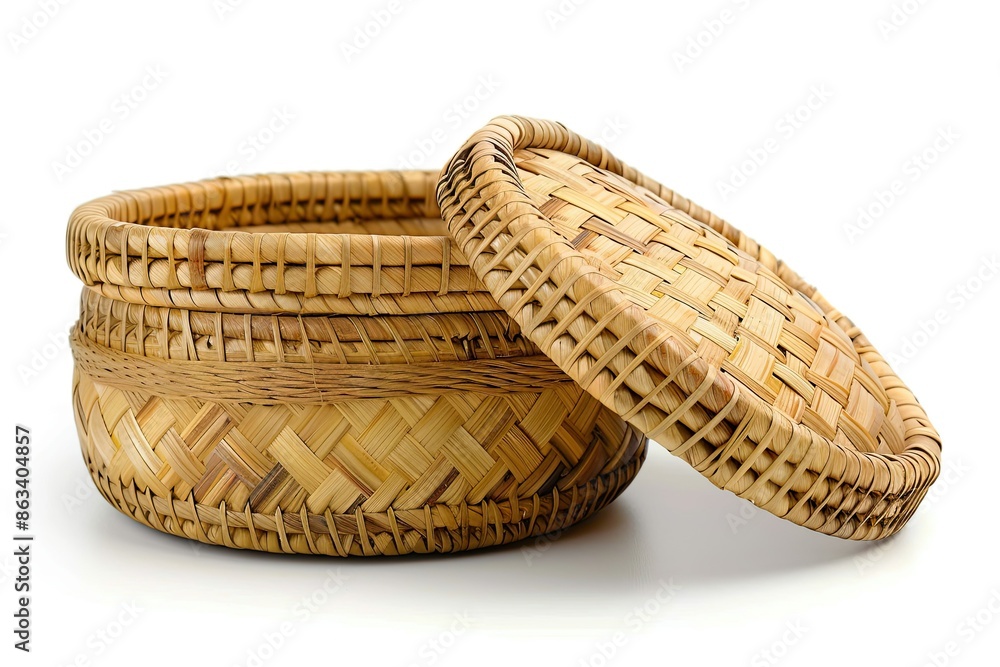 beautiful handmade of basket plus lid from woven bamboo on white background beautiful handmade of basket plus lid from woven bamboo on white background