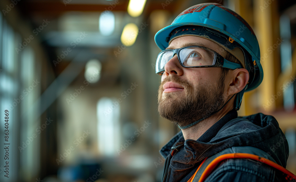 Professional builder looking optimistic into the far away, camera directed at the builder, strong context Professional builder looking optimistic into the far away, camera directed at the builder, strong context