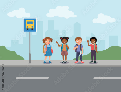 cute little kids students waiting for school bus at the bus stop