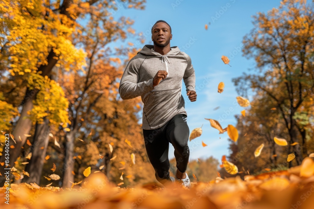 A man runs through a forest of leaves. The leaves are scattered all around him, and the sky is clear and blue. The man is wearing a hoodie and black pants A man runs through a forest of leaves. The leaves are scattered all around him, and the sky is clear and blue. The man is wearing a hoodie and black pants