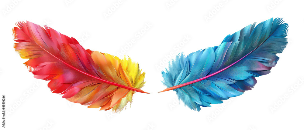 Two colorful feathers, one red and yellow, the other blue. Two colorful feathers, one red and yellow, the other blue.
