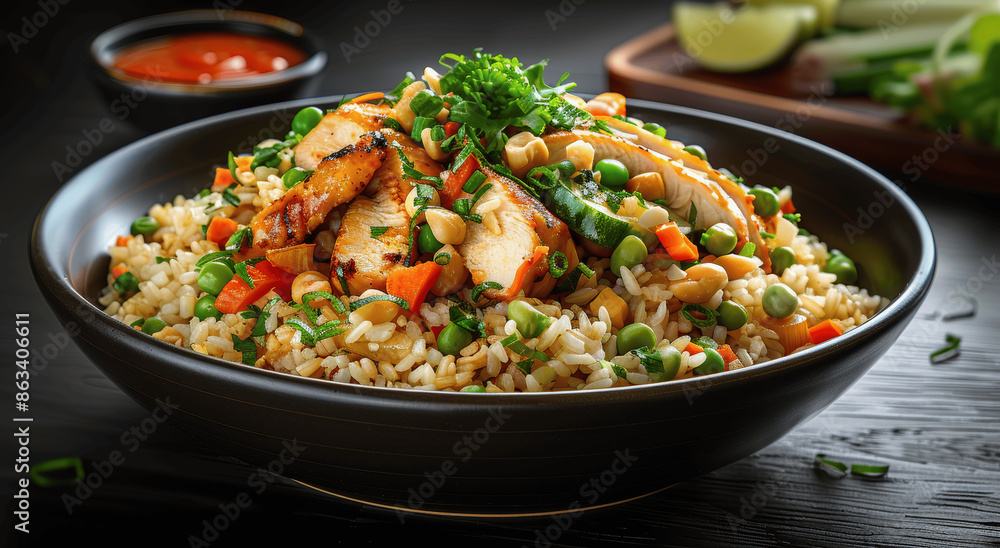 side profile shot of chicken fried rice with vegetables in black bowl on dark background side profile shot of chicken fried rice with vegetables in black bowl on dark background