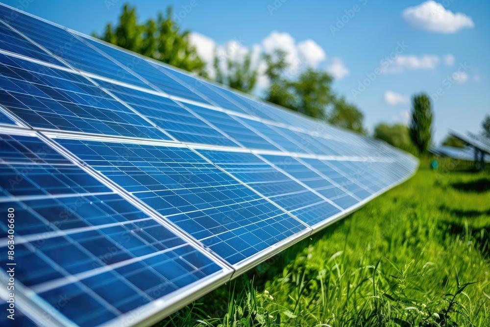 A row of solar panels are lined up in a field. The panels are blue and are facing the sun A row of solar panels are lined up in a field. The panels are blue and are facing the sun
