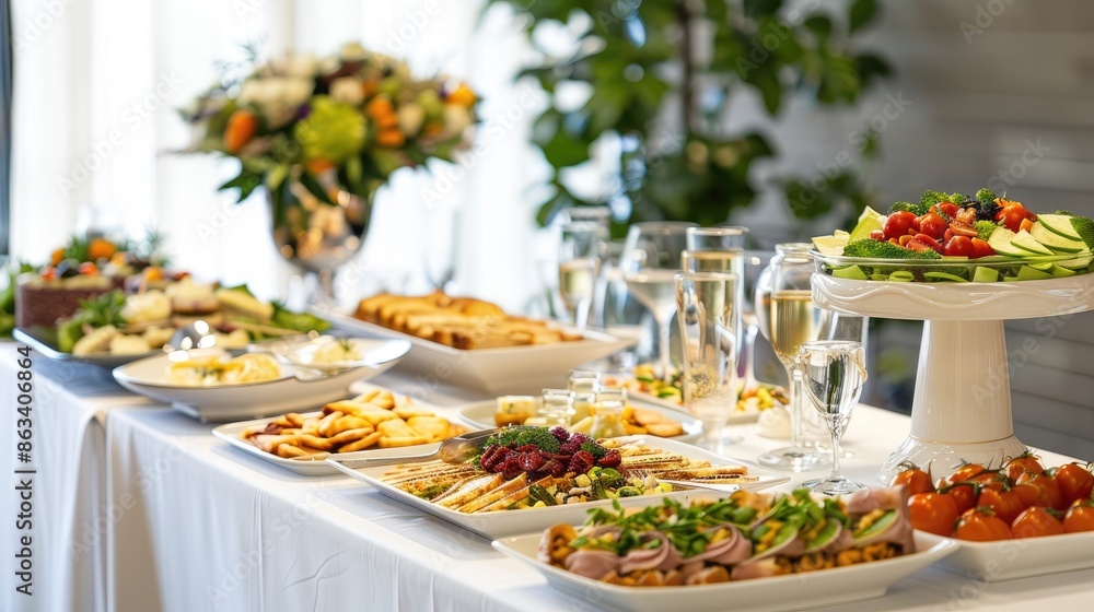 Elegantly Adorned Banquet Table with a Selection of Snacks at a Corporate Event or Wedding Reception Elegantly Adorned Banquet Table with a Selection of Snacks at a Corporate Event or Wedding Reception