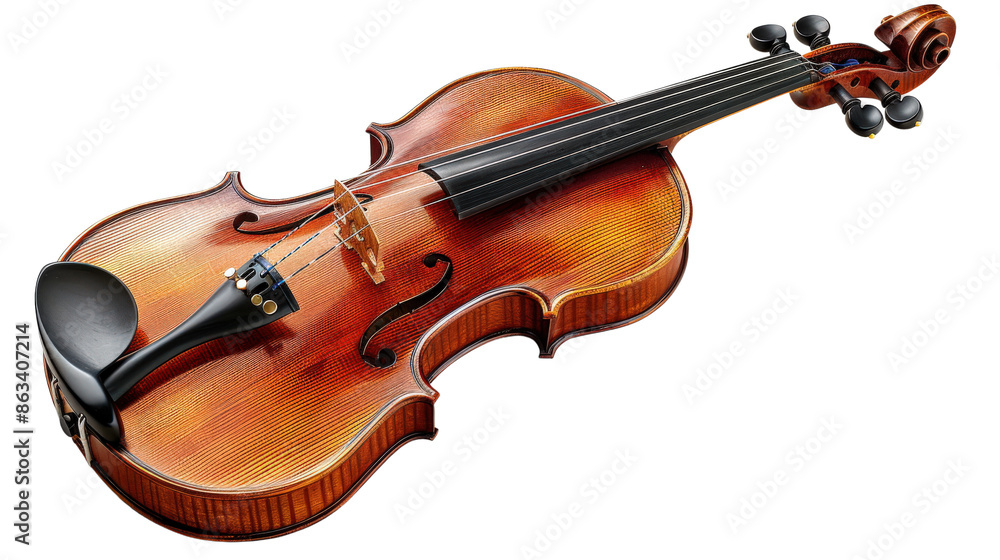 Fototapeta premium A classic violin with a rich, warm brown finish, isolated on a black background. The instrument is positioned at a slight angle, showcasing its intricate details.