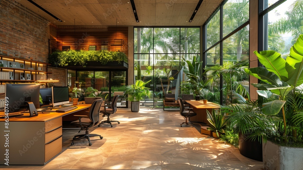 Fototapeta premium Modern Office Interior With Large Windows and Lush Greenery