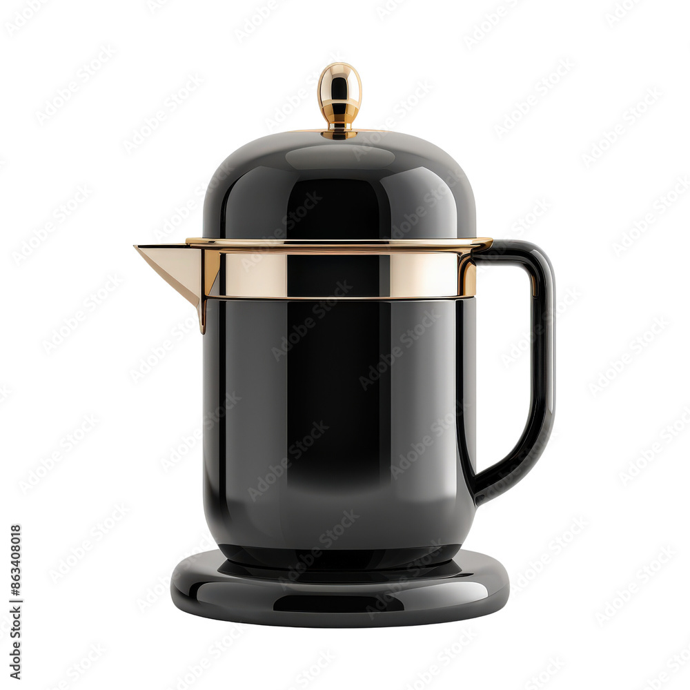Obraz premium Black and gold coffee pot with a glass insert for brewing coffee. The pot is isolated on a black background.