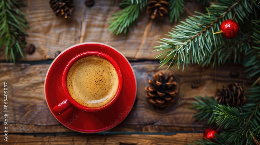 Italian espresso coffee served in a red cup on a wooden fir backdrop Italian espresso coffee served in a red cup on a wooden fir backdrop
