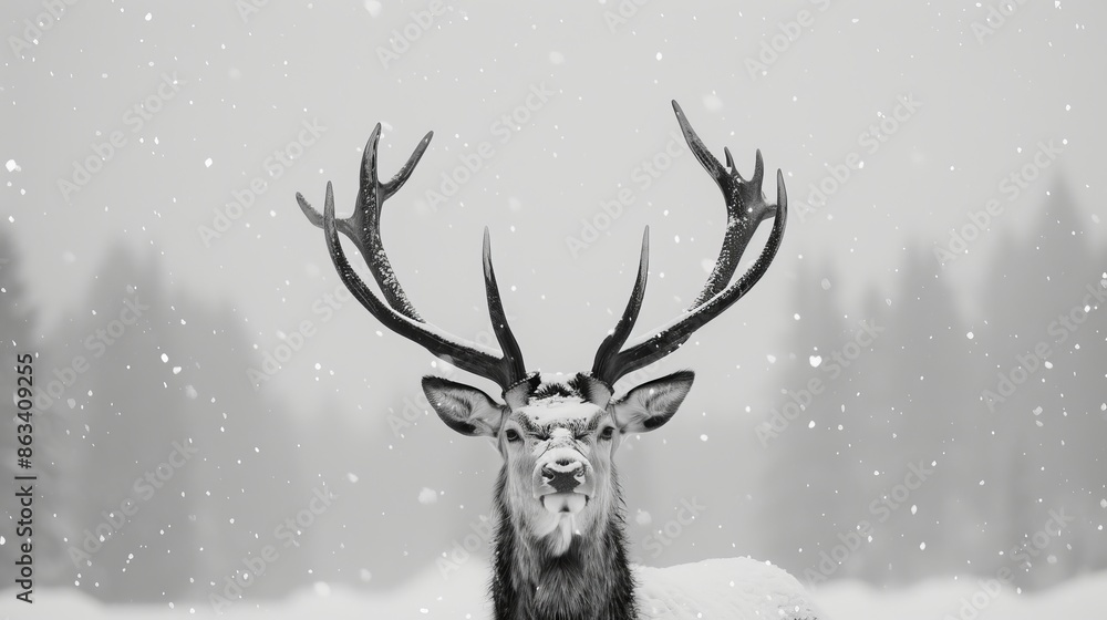 Deer with impressive antlers in a serene snowy forest, captured in black and white to showcase the quiet beauty of winter Deer with impressive antlers in a serene snowy forest, captured in black and white to showcase the quiet beauty of winter