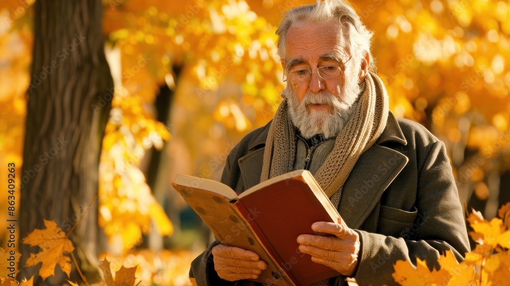 An older man is sitting in a park reading a book. The leaves on the trees are yellow, and the man is wearing a scarf An older man is sitting in a park reading a book. The leaves on the trees are yellow, and the man is wearing a scarf