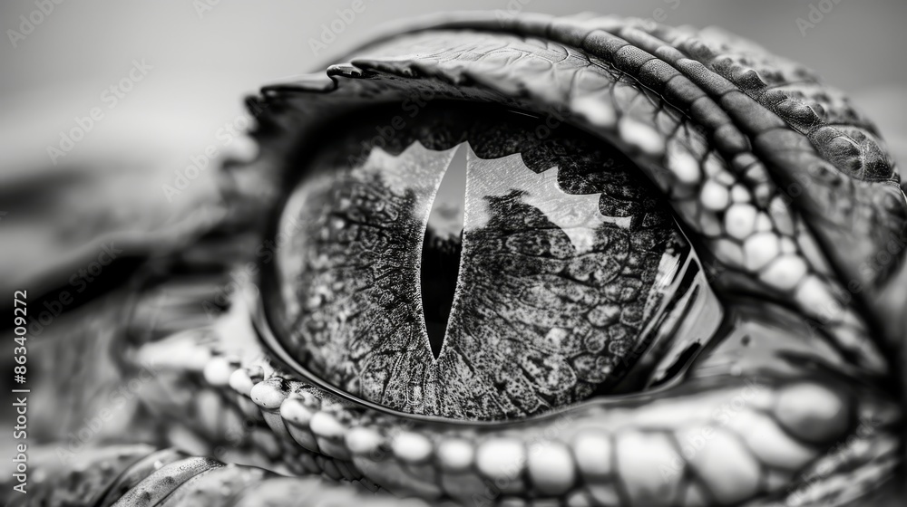 Black and white shot of an alligator's eye, detailed texture and patterns, focusing on natural symmetry Black and white shot of an alligator's eye, detailed texture and patterns, focusing on natural symmetry