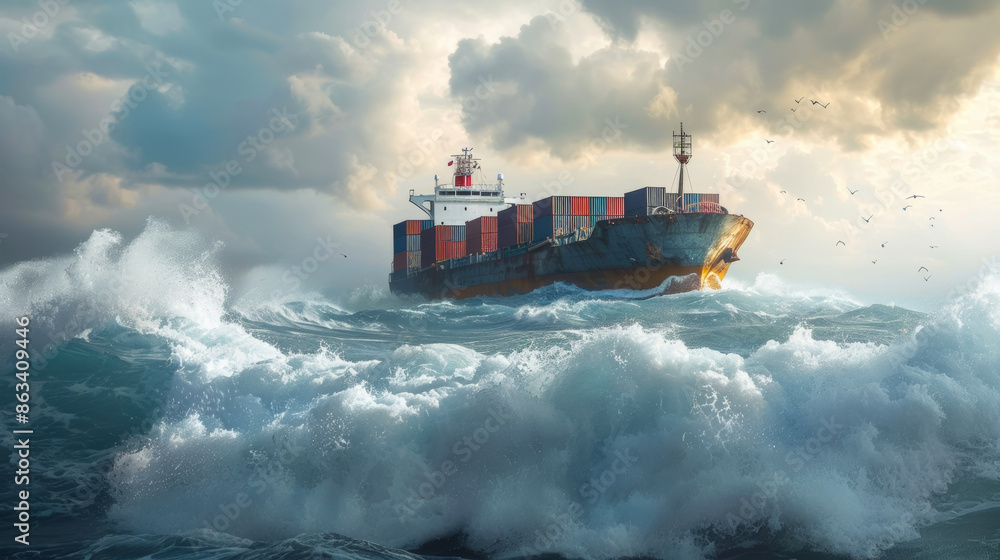 A large ship is in the middle of a rough sea