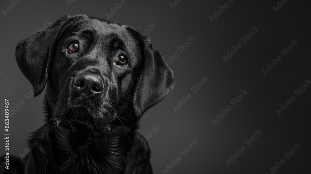 Black labrador retriever with glossy fur, head shot, dark grey background, high contrast, serene look, studio lighting Black labrador retriever with glossy fur, head shot, dark grey background, high contrast, serene look, studio lighting