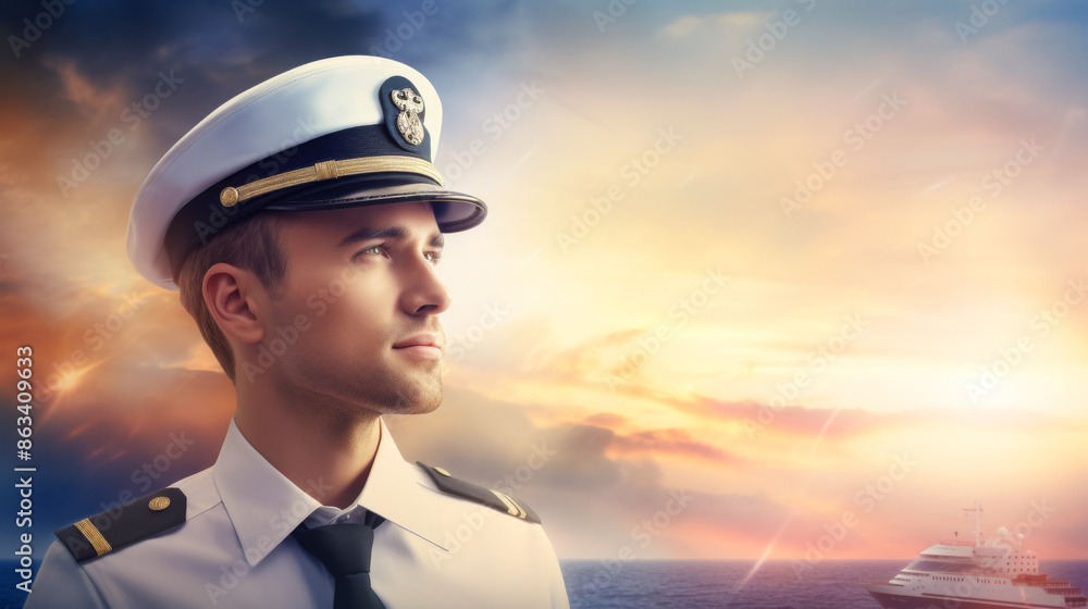A man in a sailor's hat stands on a ship, sailor A man in a sailor's hat stands on a ship, sailor