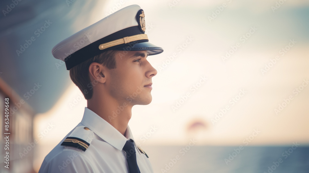 A man in a navy uniform stands on a boat, sailor A man in a navy uniform stands on a boat, sailor