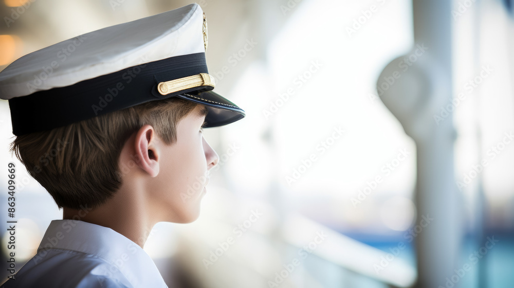 A young boy wearing a sailor's hat stands on a pier looking out at the water, sailor A young boy wearing a sailor's hat stands on a pier looking out at the water, sailor