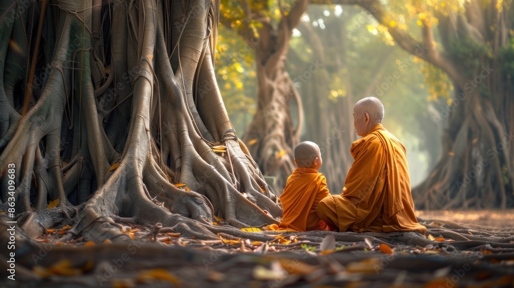 Two monks sit under a large tree, one of them is a child. The scene is peaceful and serene, with the monks sitting on the ground and the tree providing a sense of shelter and protection Two monks sit under a large tree, one of them is a child. The scene is peaceful and serene, with the monks sitting on the ground and the tree providing a sense of shelter and protection