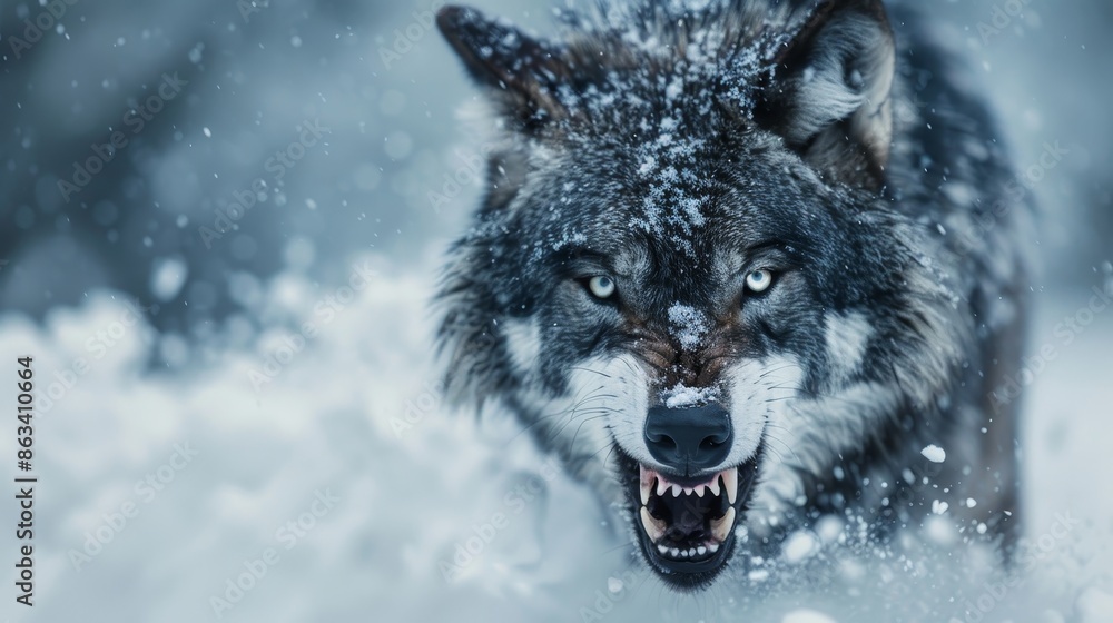 Naklejka premium Intense close-up of a snarling black wolf, fierce eyes glowing, amidst a snowstorm in the North Pole