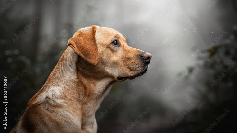 Intense portrait of a yellow-brown Labrador Retriever, head turned slightly, set in a haunting dark forest with mist swirling around, adding an ethereal quality Intense portrait of a yellow-brown Labrador Retriever, head turned slightly, set in a haunting dark forest with mist swirling around, adding an ethereal quality