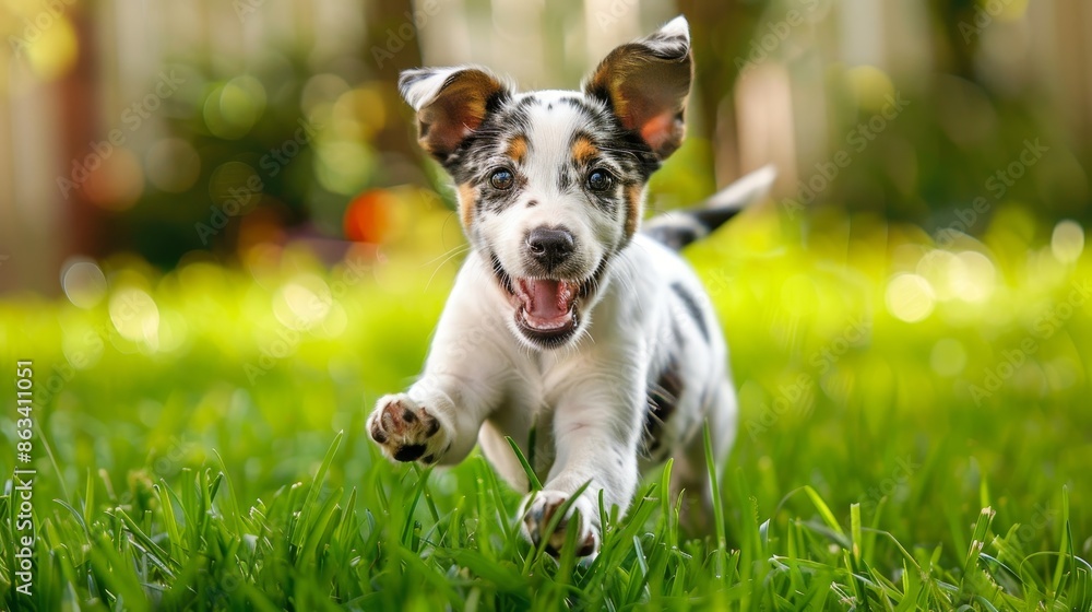 German Kurtshaar puppy with brown spots, fast run, tongue sticking out, paw movement over vibrant green grass, fence far off German Kurtshaar puppy with brown spots, fast run, tongue sticking out, paw movement over vibrant green grass, fence far off
