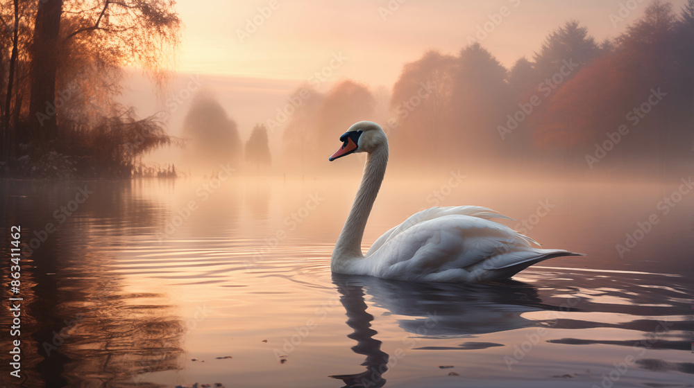 Fototapeta premium Elegant White Swan Swimming Gracefully on a Serene Lake During a Misty Sunrise