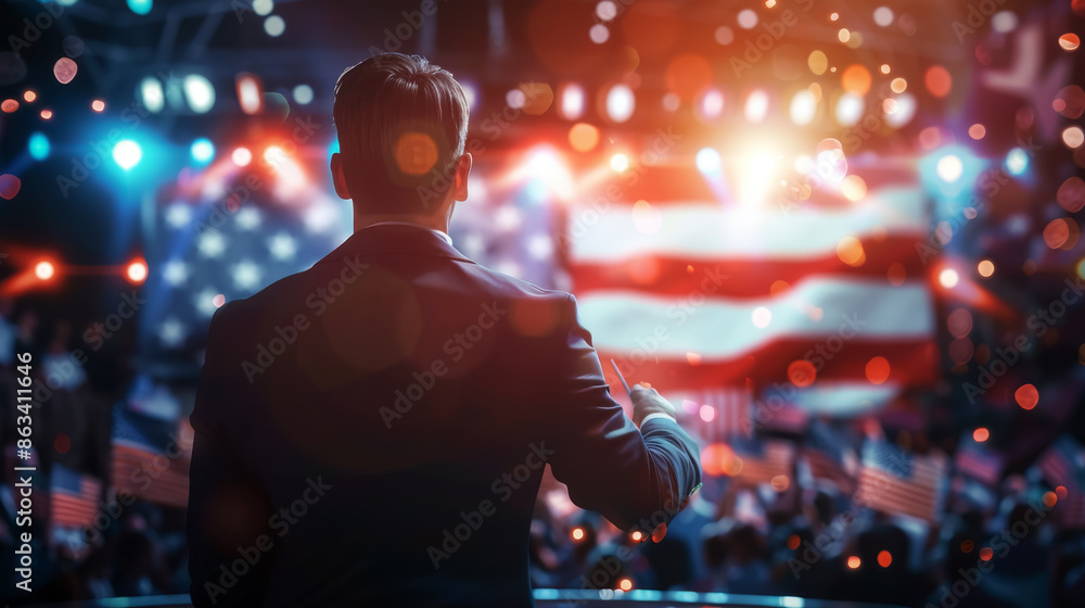 Politician delivers an inspiring speech to a captivated audience with a large American flag in the background at night. Politician delivers an inspiring speech to a captivated audience with a large American flag in the background at night.