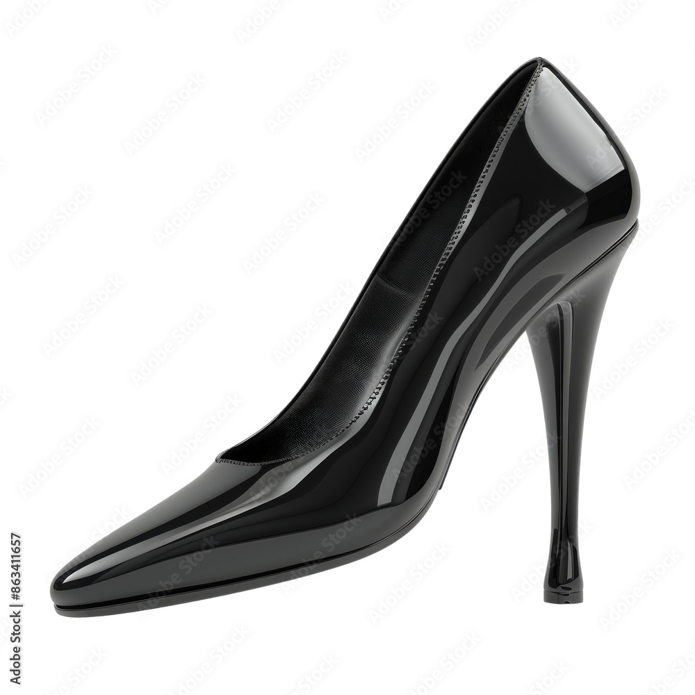 A single black high-heeled shoe with a pointed toe, isolated on a black background. A single black high-heeled shoe with a pointed toe, isolated on a black background.