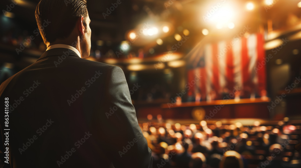 Speaker at political event addressing audience in a grand hall with stage lighting and American flag background. Speaker at political event addressing audience in a grand hall with stage lighting and American flag background.