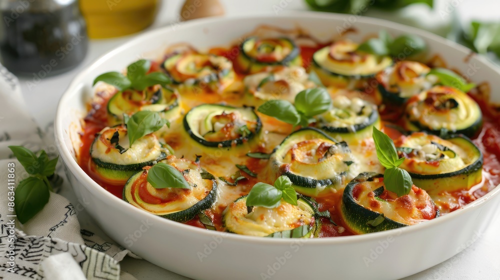 Healthy zucchini lasagna rolls stuffed with creamy ricotta and fresh basil baked in tangy tomato sauce presented on a circular white baking dish Healthy zucchini lasagna rolls stuffed with creamy ricotta and fresh basil baked in tangy tomato sauce presented on a circular white baking dish