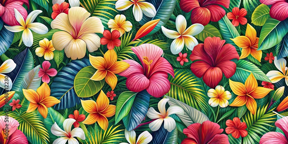 custom made wallpaper toronto digital A vibrant pattern featuring tropical flowers like hibiscus and plumeria.