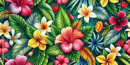 Wallpaper Mural  A vibrant pattern featuring tropical flowers like hibiscus and plumeria. Torontodigital.ca