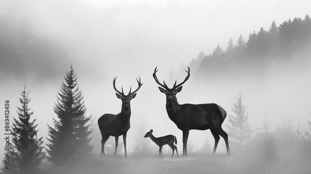 Majestic antlered deer, doe, and fawn in a mist-covered forest, silhouettes in black and white with tall coniferous trees Majestic antlered deer, doe, and fawn in a mist-covered forest, silhouettes in black and white with tall coniferous trees